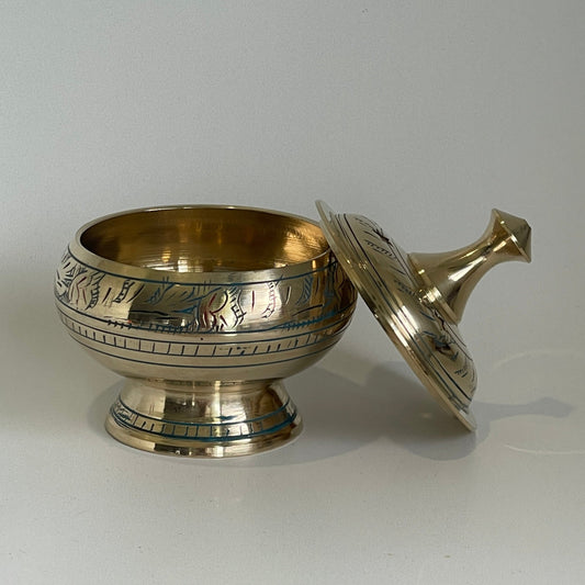 Brass incense holder with coloured engraving