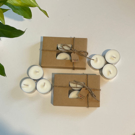 soy tea light candles in brown kraft box with tag and jute string bow